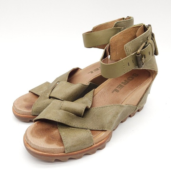Sorel Joanie II (Womens Size 8) Ankle Strap Zip Wedge Open Sandals Green Leather - Picture 1 of 9